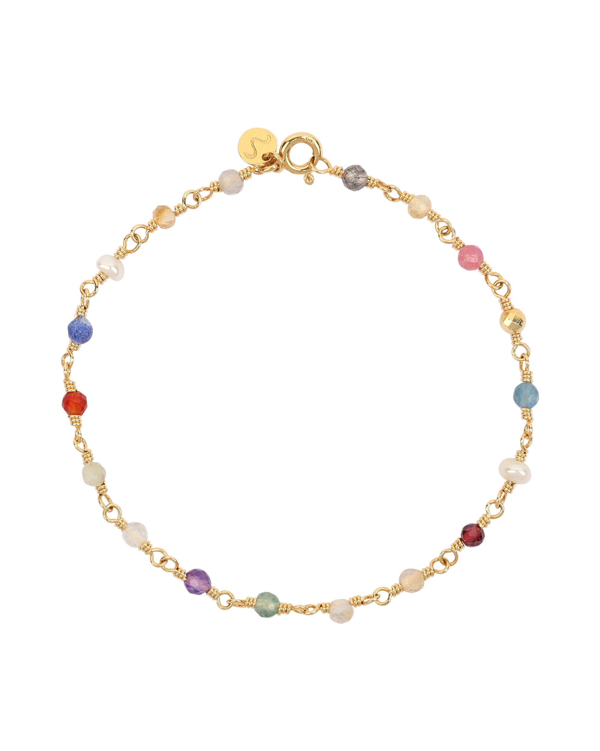 Pulseira totalmente montada a mao com cristais e pedras naturais e mini pérolas naturais em prata 925 com banho de ouro 18k.