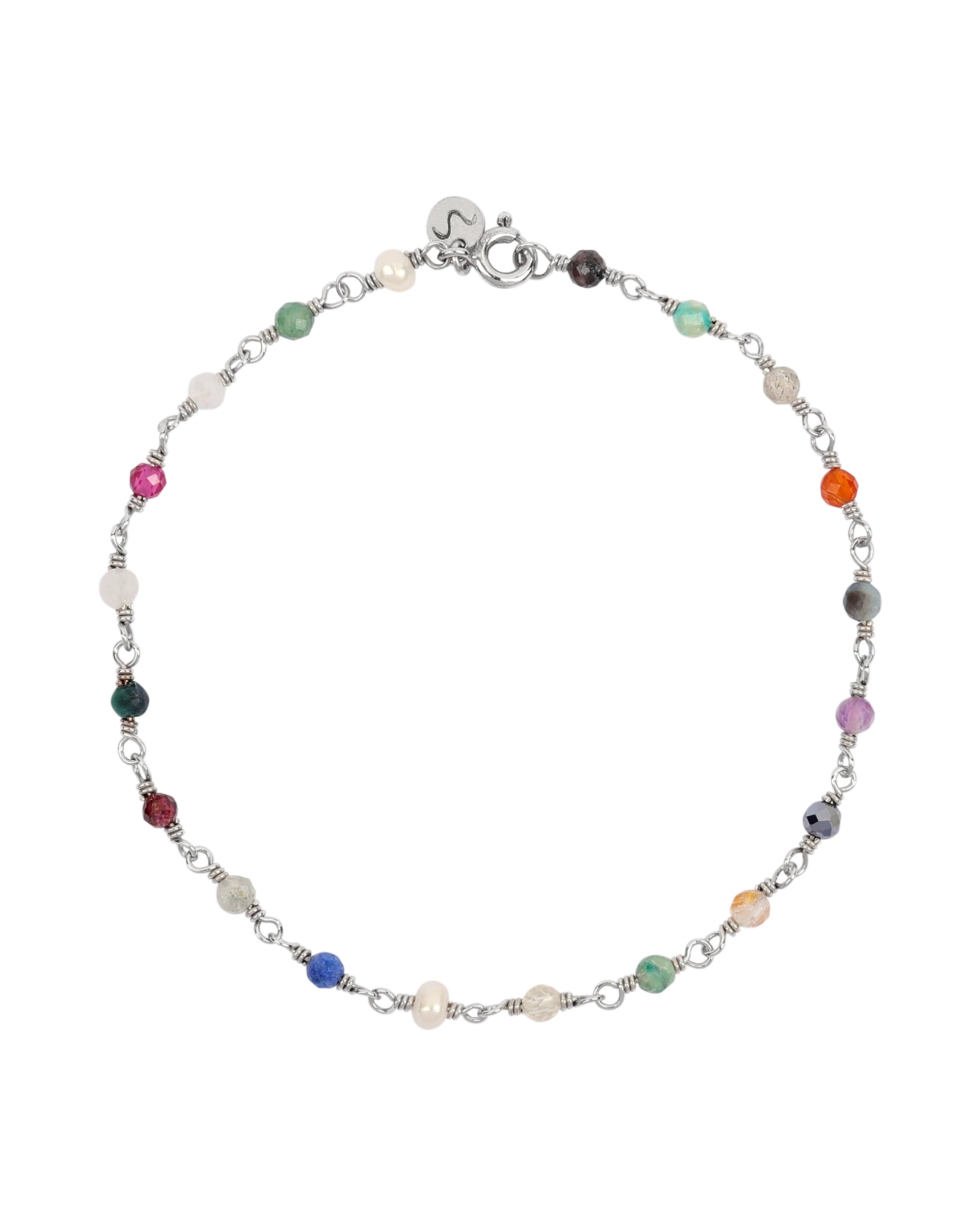 Pulseira totalmente montada a mao com cristais e pedras naturais e mini pérolas naturais em prata 925 com banho de ouro branco.