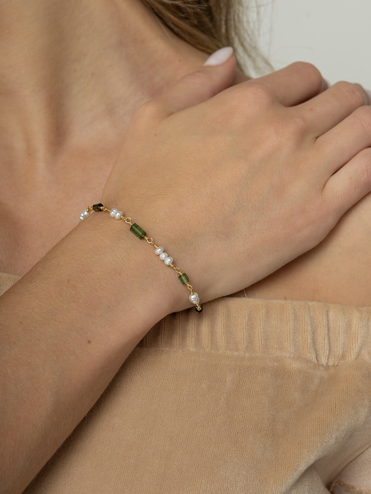 Pulseira Turmalina Verde e Pérolas Prata 925
